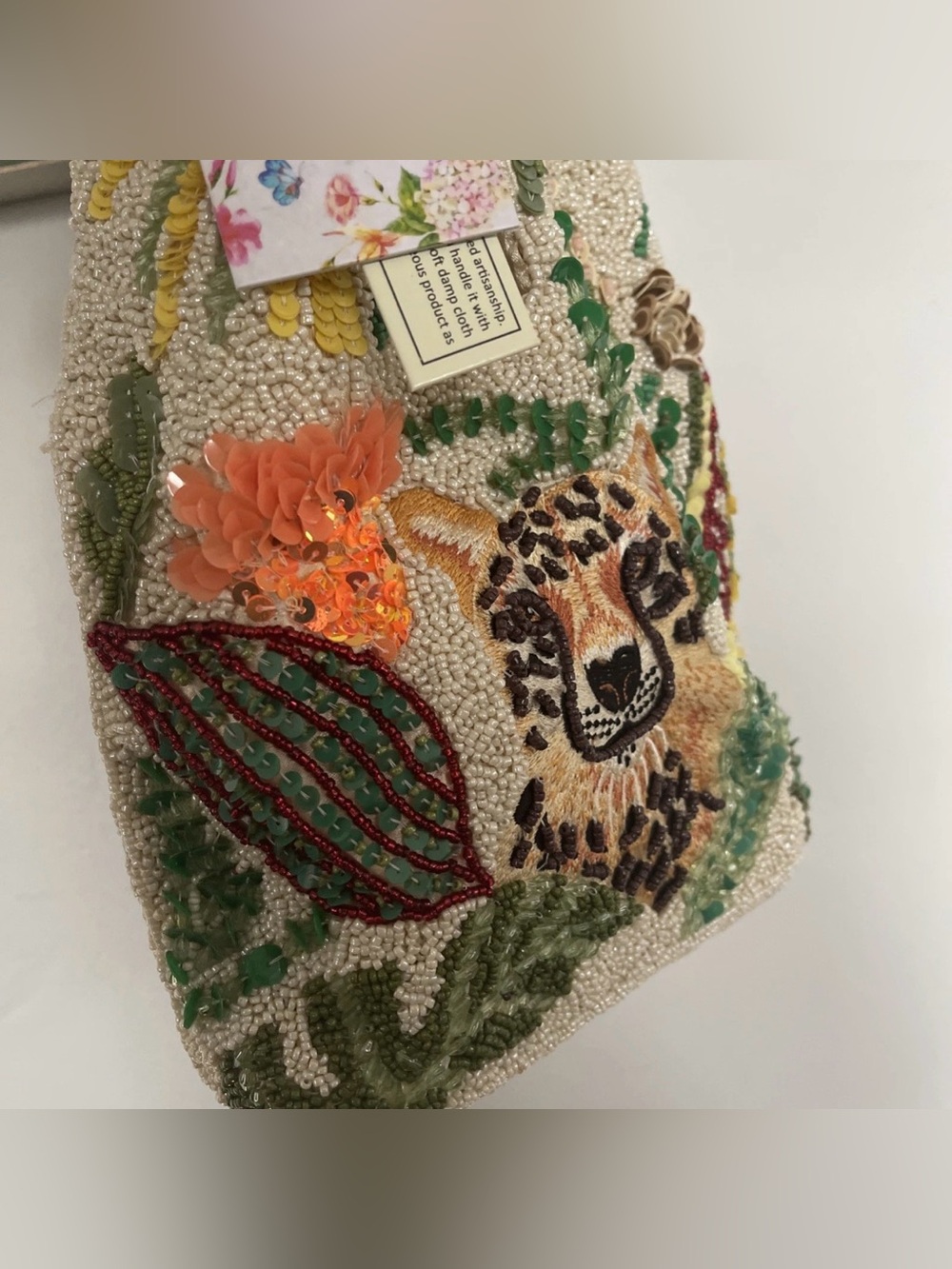 NEW Beaded Floral & Leopard Embroidered Clutch in Ivory and Green